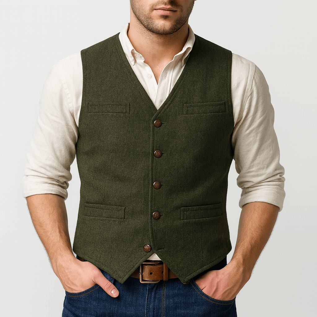Kamizelka męska tweedowa z guzikami, slim fit. Pokazuje elegancką teksturę materiału.