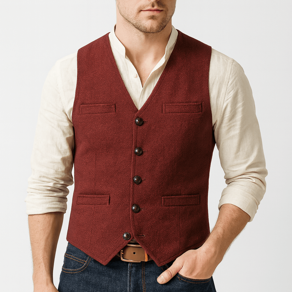 Uniwersalna kamizelka męska tweedowa slim fit. Sprawdzi się formalnie i w stylu casual.