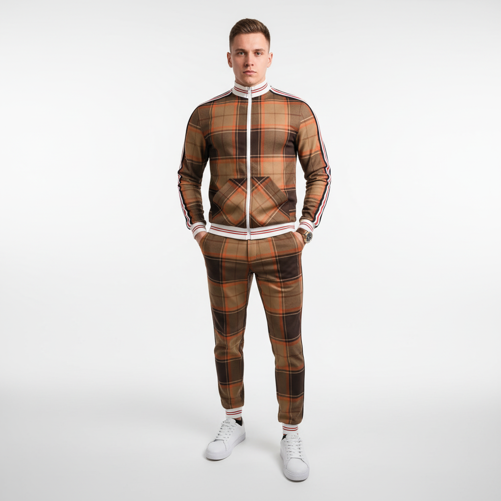 Jesienno-wiosenny męski dres sportowy Vincent. Komfortowy krój, modny wzór w kratę, wysoka jakość.