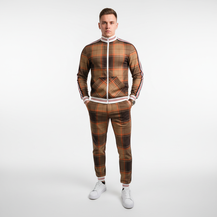 Jesienno-wiosenny męski dres sportowy Vincent. Komfortowy krój, modny wzór w kratę, wysoka jakość.