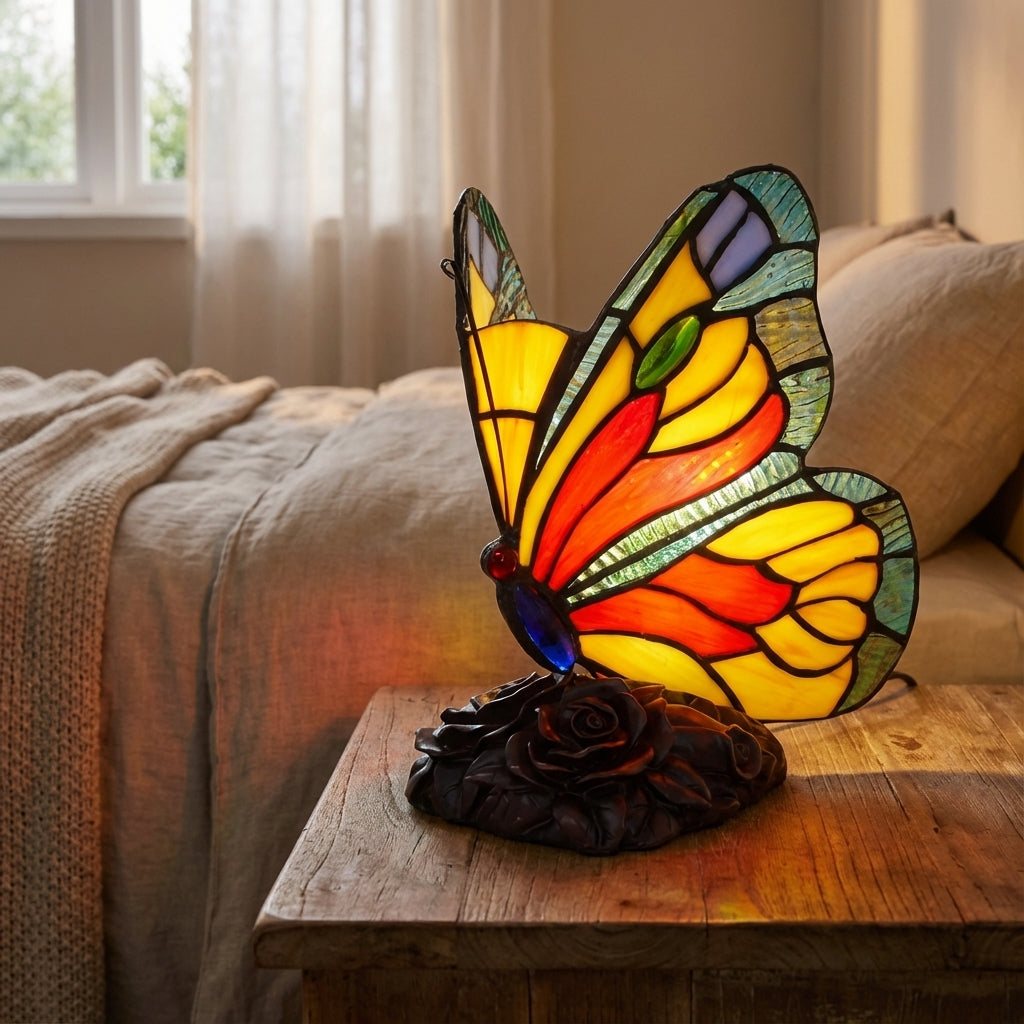 Witrażowa lampa stołowa LED motyl w stylu art deco. Dekoracyjne oświetlenie wnętrz, nastrojowe światło.