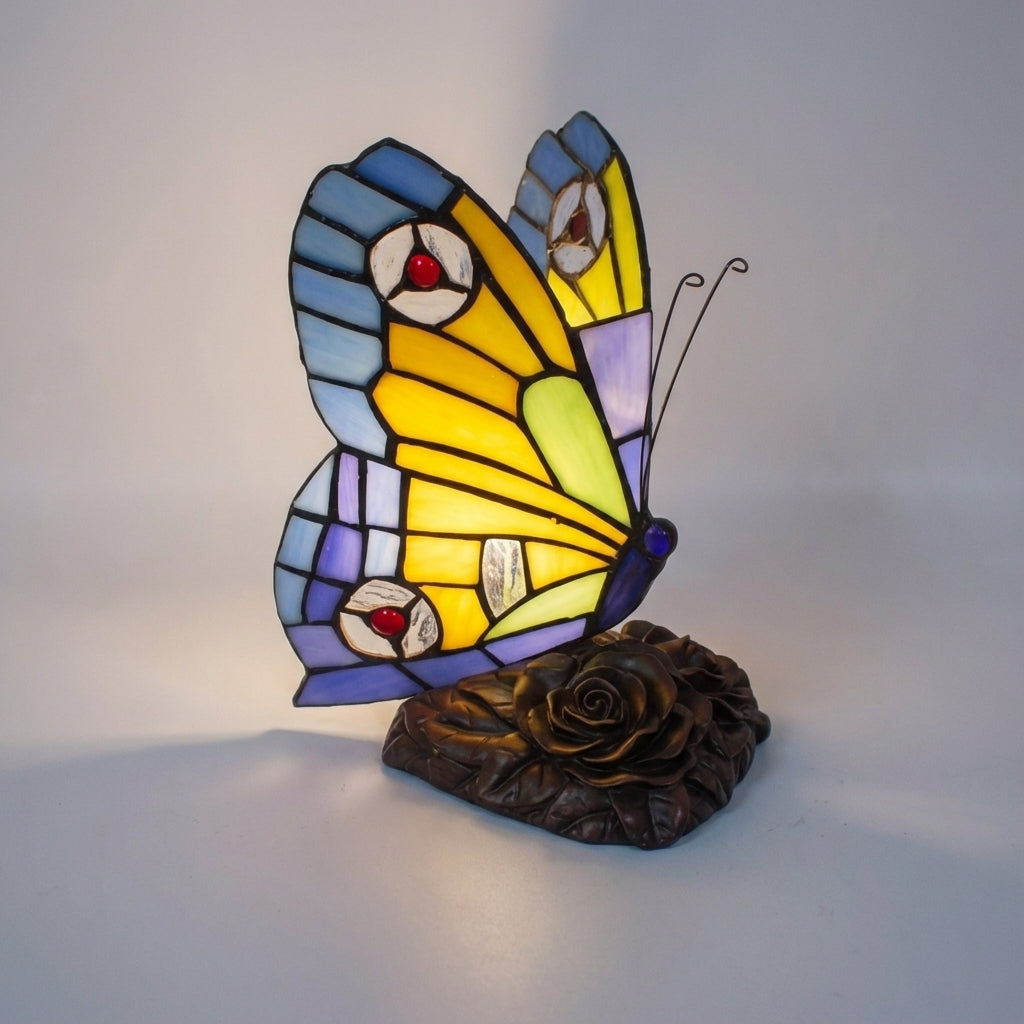 Unikalna lampa stołowa witraż motyl, ręcznie wykonane szkło. Oświetlenie LED, styl retro art deco.