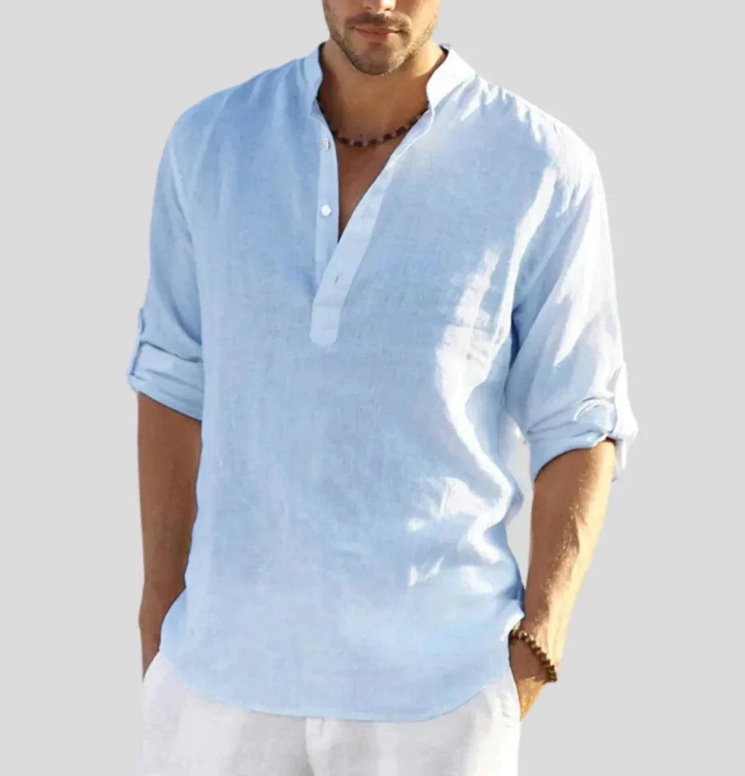 Oddychająca koszula męska lniana slim fit, gwarantująca wygodę na co dzień. Modna propozycja na lato.