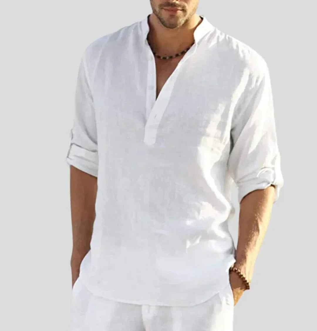Męska lniana koszula slim fit na lato. Oddychająca i wygodna, idealna do eleganckiego stylu casual.