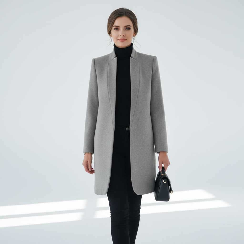 Elegancki płaszcz damski z kołnierzem stojącym. Modna odzież na chłodne dni. Długi rękaw, styl casual.
