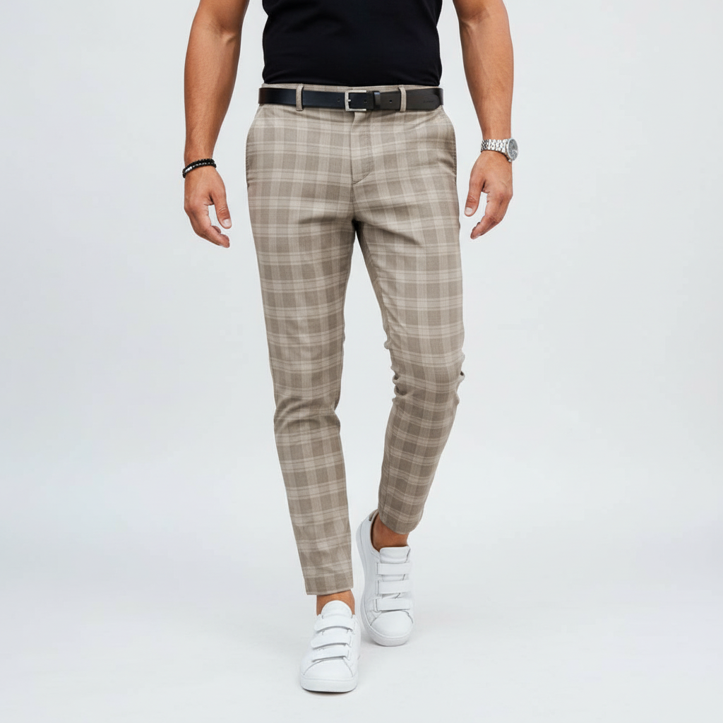 Eleganckie męskie spodnie chino w drobne paski, fason slim fit. Modne i wygodne na co dzień.