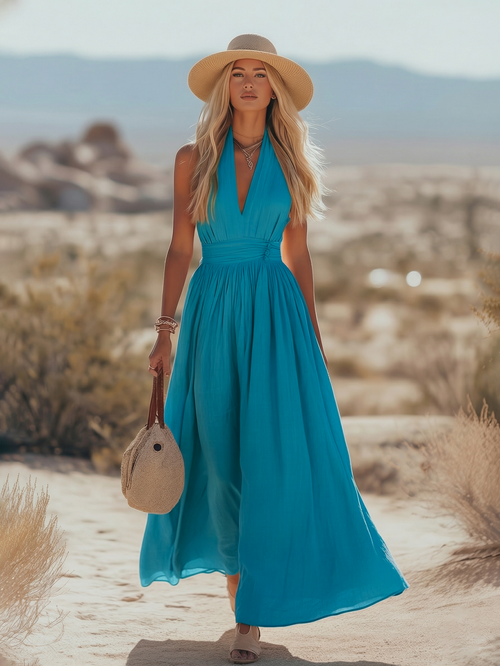 Elegancka sukienka letnia damska w stylu boho, z lnu/bawełny, bez rękawów. Idealna na ślub i wakacje.