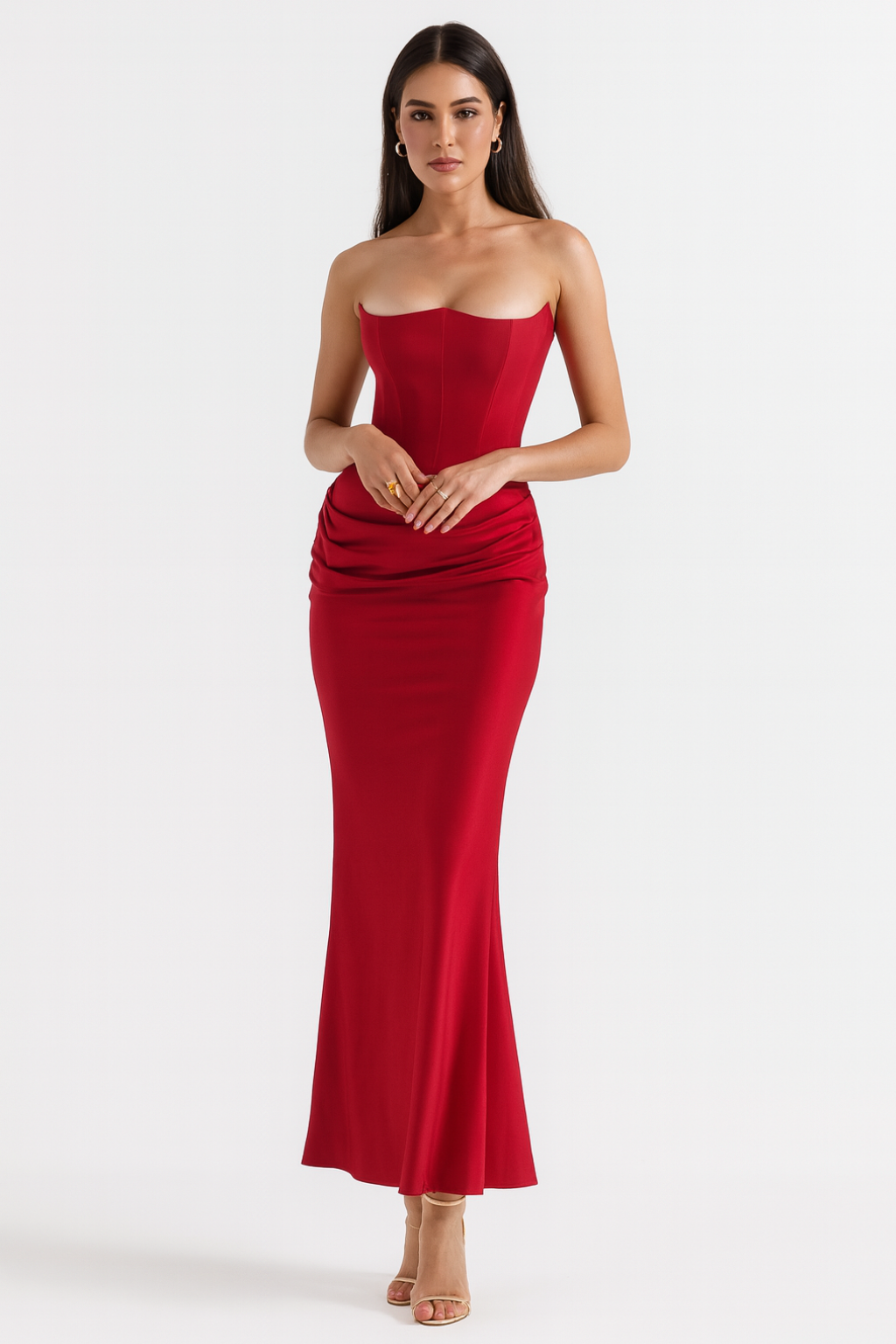 Damska sukienka maxi gorsetowa z drapowaniem, klasyczna i elegancka, na uroczyste przyjęcia.