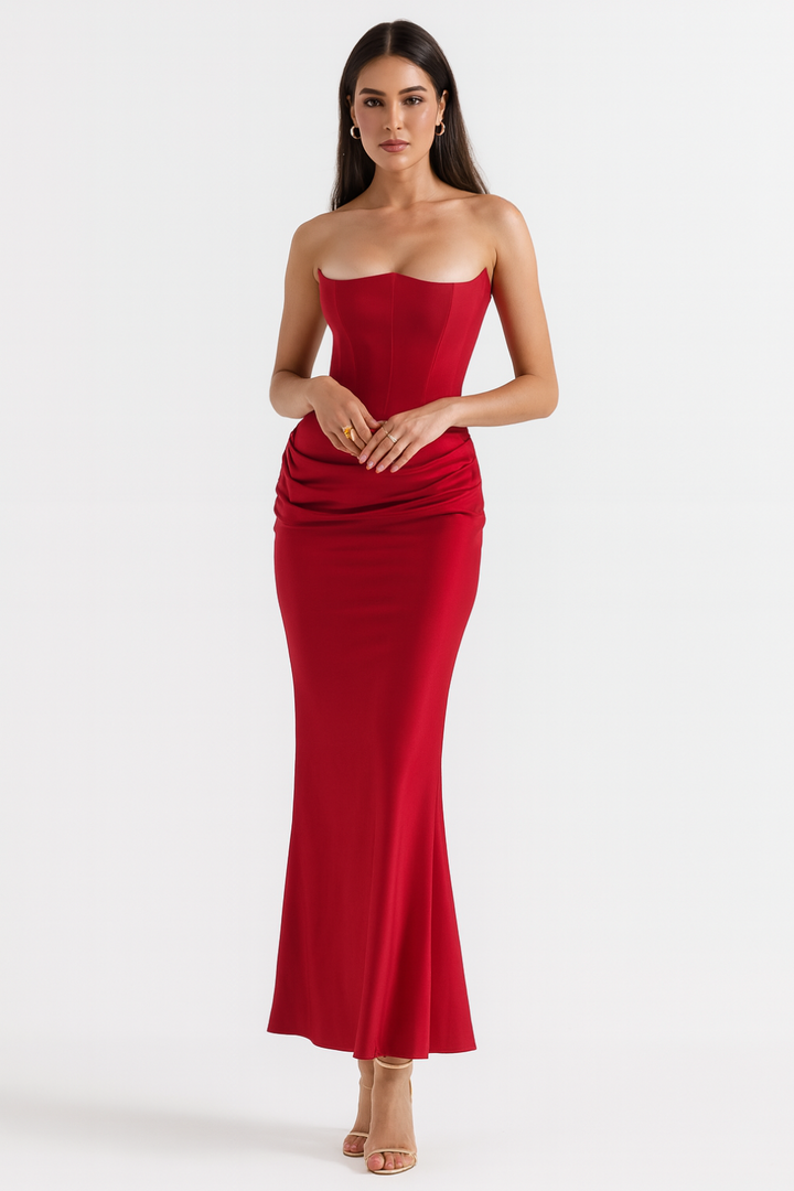 Damska sukienka maxi gorsetowa z drapowaniem, klasyczna i elegancka, na uroczyste przyjęcia.