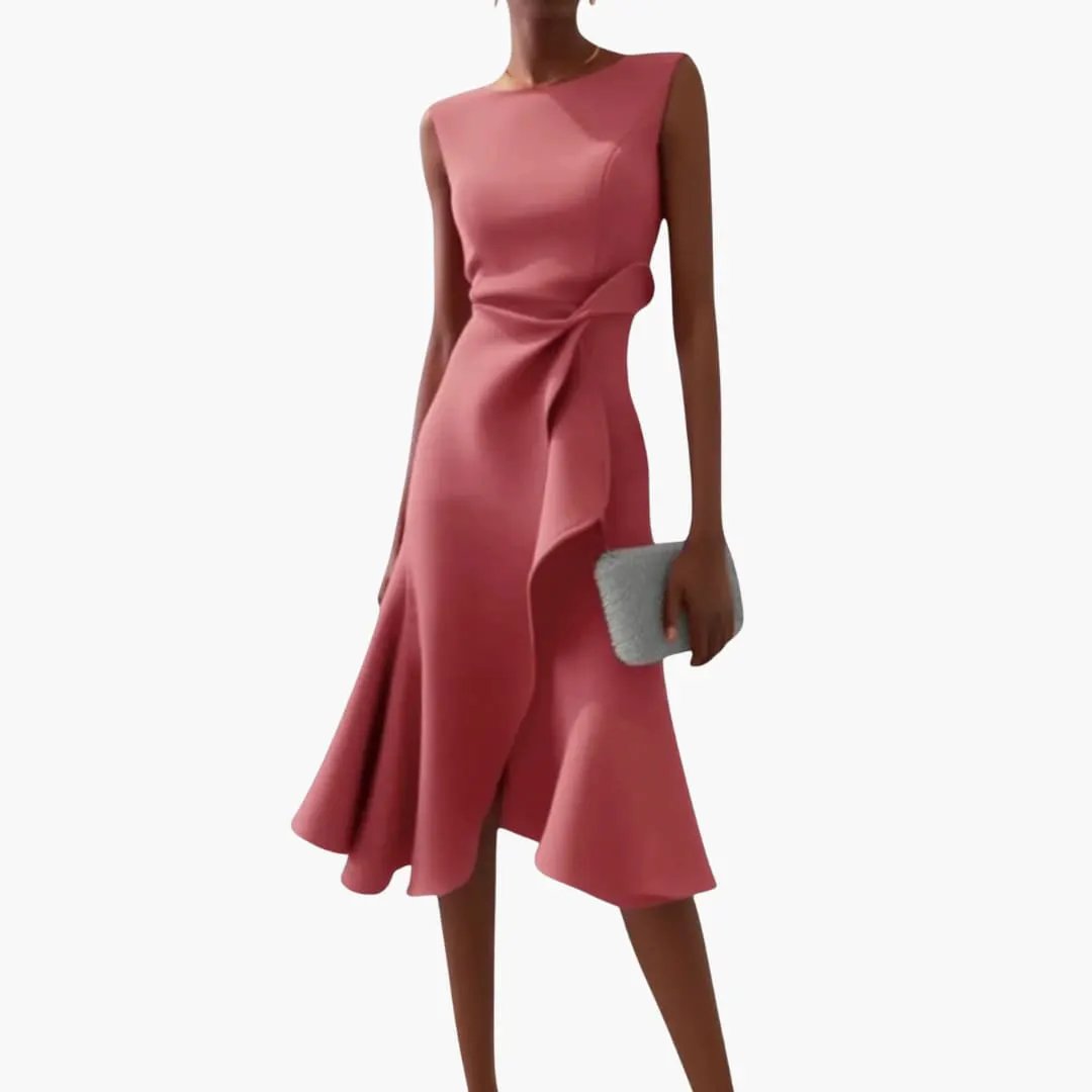 Modna sukienka koktajlowa midi z asymetrią i falbaną, elegancka satynowa kreacja.