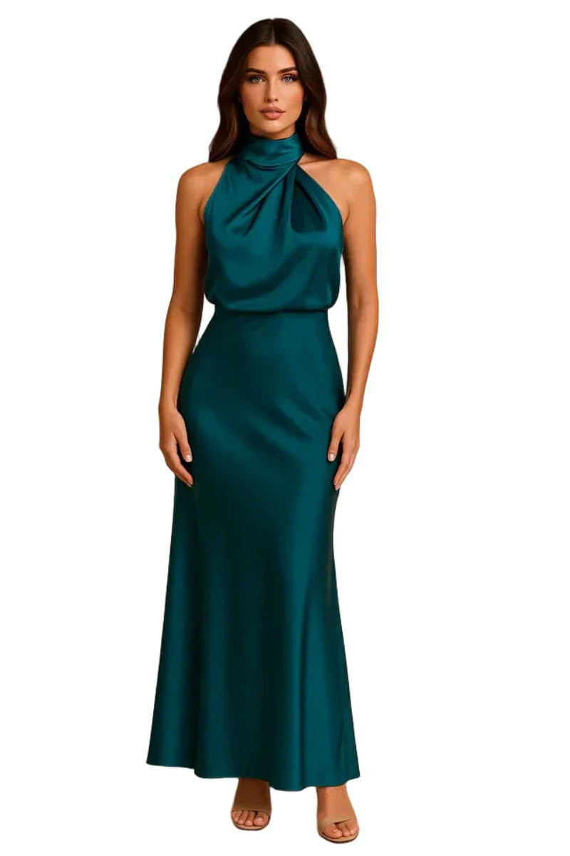 Damska suknia wieczorowa maxi z dekoltem halter. Elegancka kreacja na wesele lub przyjęcie.