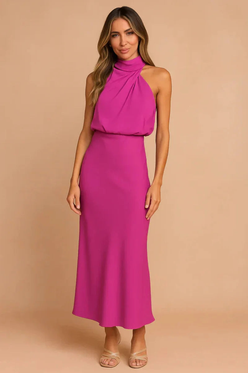 Stylowa sukienka na wesele i przyjęcie. Damska suknia maxi z halterem. Modna i elegancka.