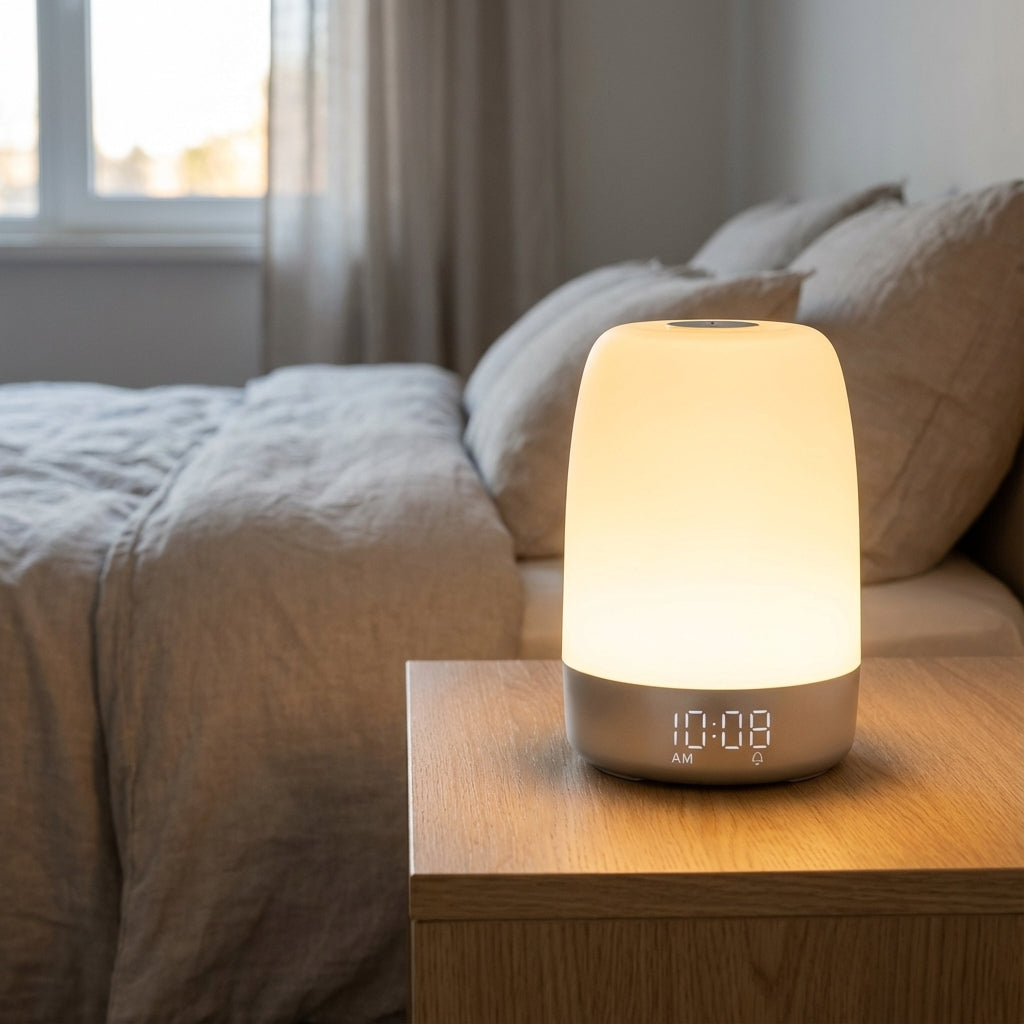 Lampa budzik Wakelette z symulacją wschodu słońca i dźwiękami natury. Biała, do sypialni.