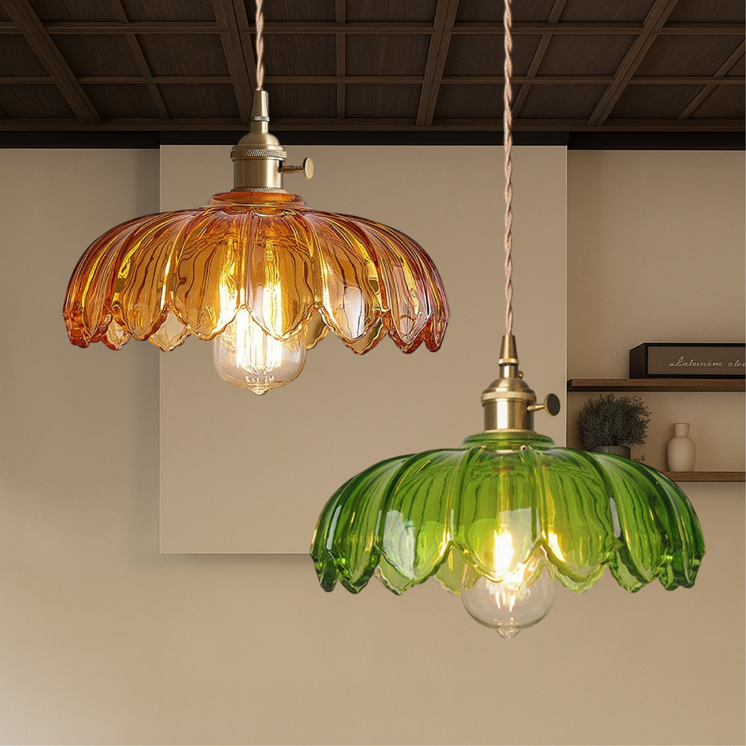 Regulowana lampa wisząca szklana LED z kwiatami. Nowoczesne oświetlenie do jadalni lub baru.
