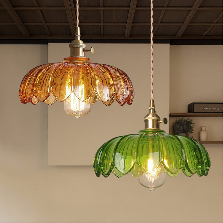 Regulowana lampa wisząca szklana LED z kwiatami. Nowoczesne oświetlenie do jadalni lub baru.