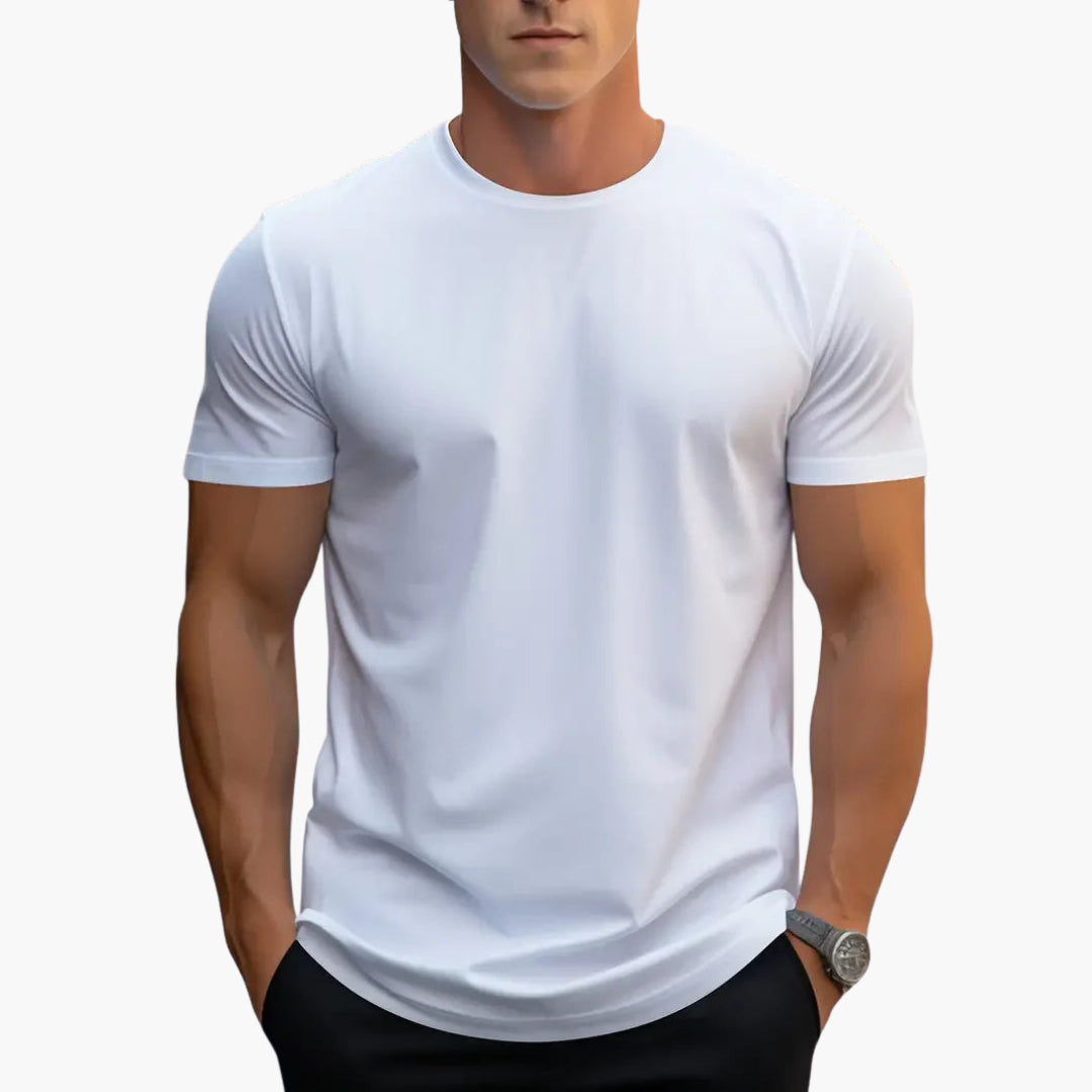 Męski T-shirt slim fit z krótkim rękawem i okrągłym dekoltem, idealny do casualowych stylizacji na lato.
