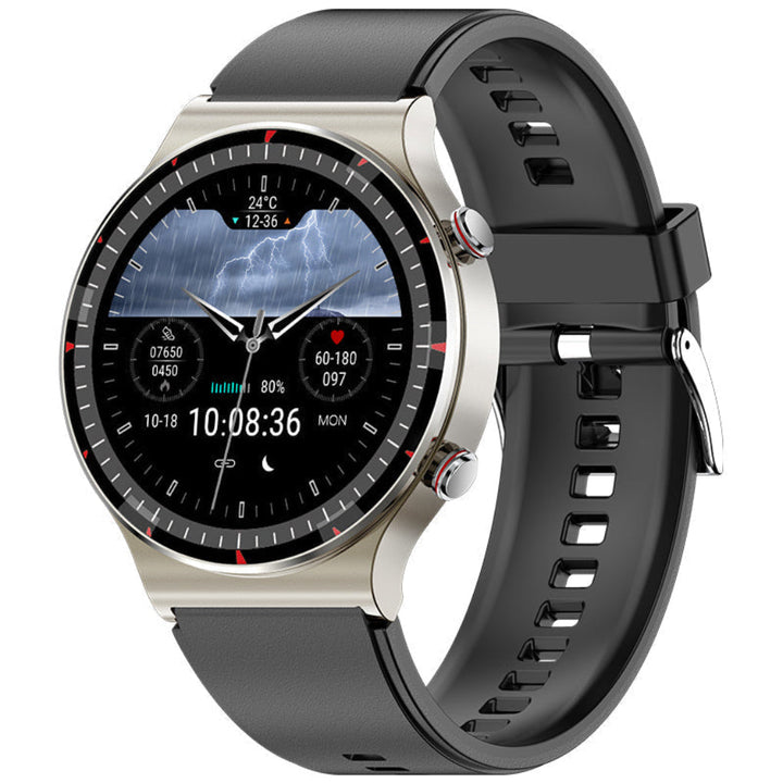 Czarny smartwatch z dotykowym ekranem, EKG, pomiarem tętna i saturacji. Zegarek fitness do monitorowania snu i aktywności.