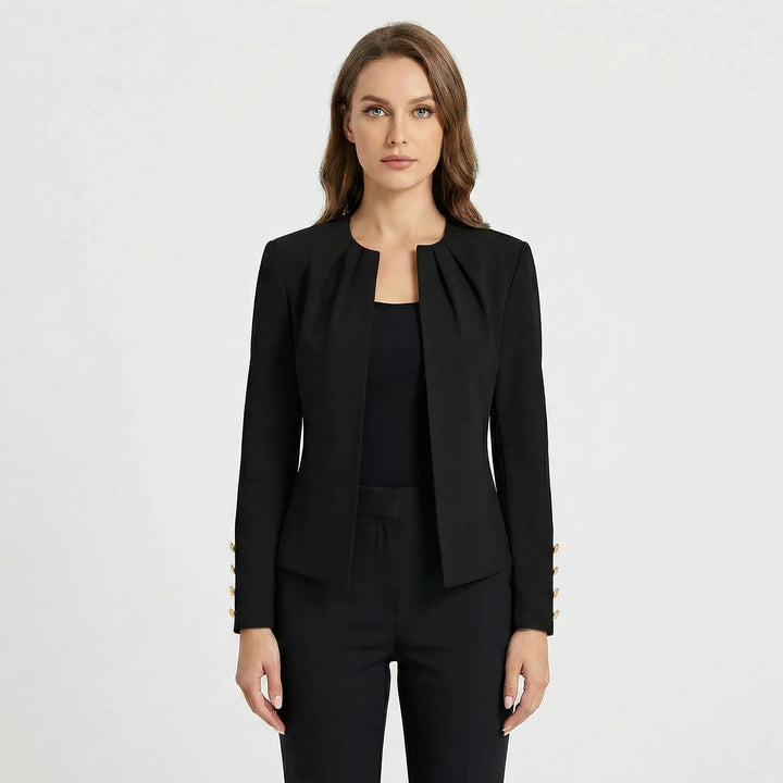 Damski taliowany żakiet biznesowy, krótki krój, tył. Elegancki design i precyzyjne szycie.