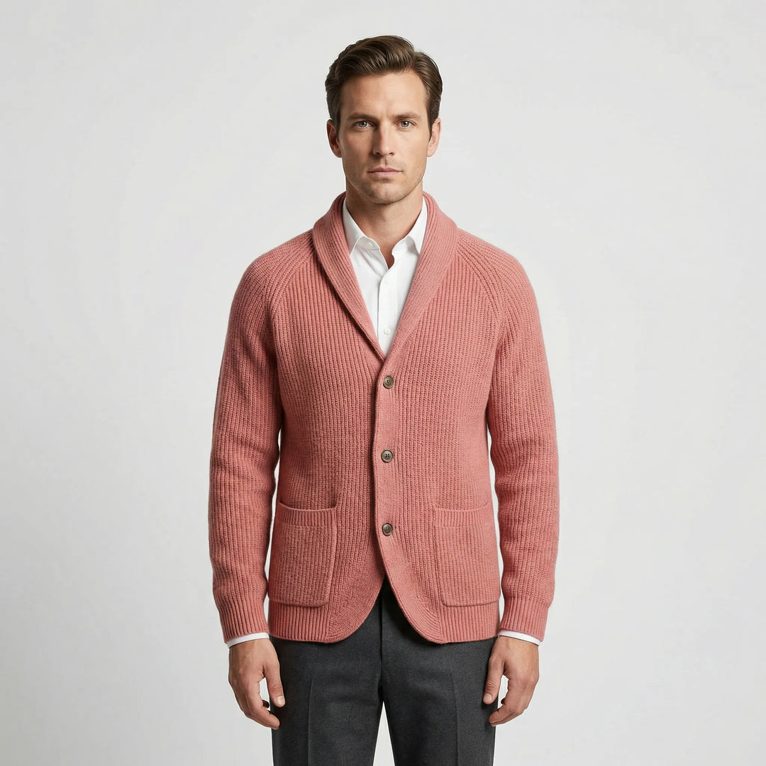 Wygodny męski kardigan z dzianiny na jesień i zimę. Sweter z szalowym kołnierzem Alberto, casualowy i elegancki.