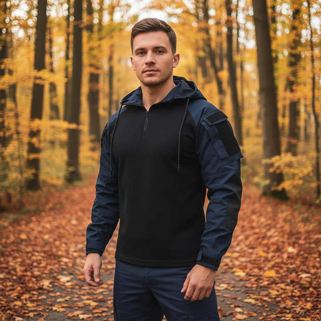 Męski sweter taktyczny z kapturem, slim fit. Funkcjonalny i stylowy. Odzież męska na jesień/zimę.