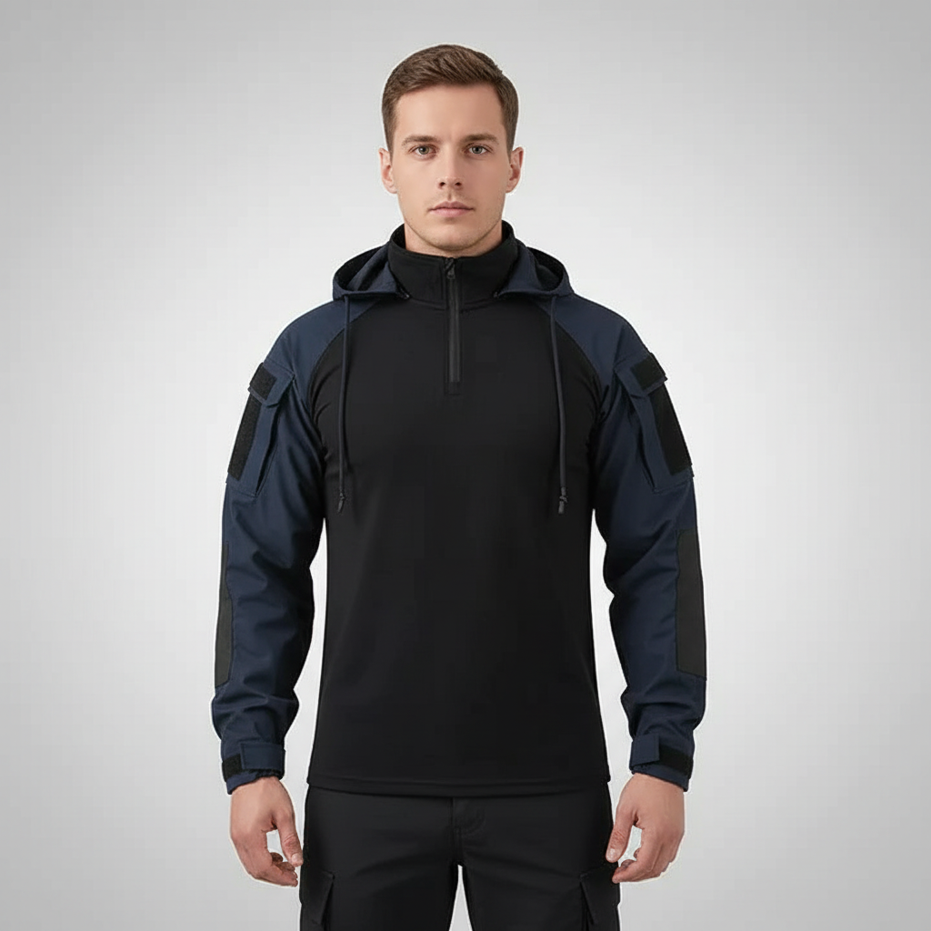 Wielofunkcyjny męski sweter taktyczny z kapturem, idealny do casualowych stylizacji i aktywności.