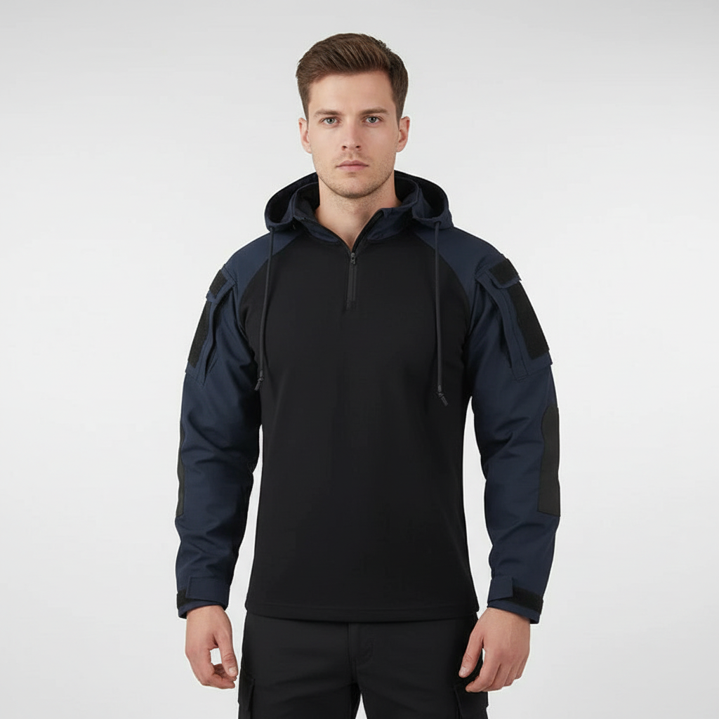 Nowoczesny męski sweter taktyczny z kapturem slim fit. Funkcjonalna i modna odzież męska.