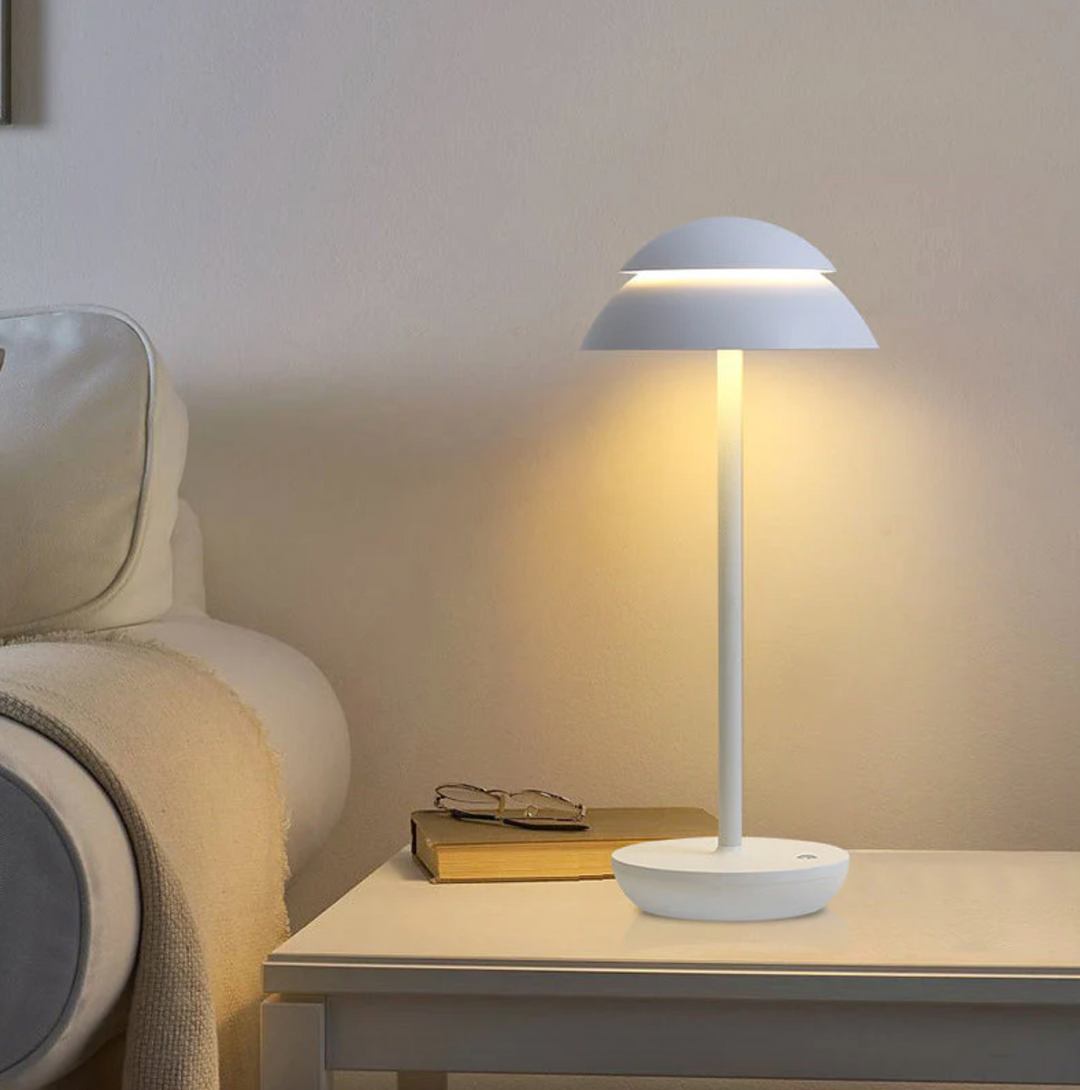 Designerska lampa LED grzybek do sypialni, salonu. Bezprzewodowa, dotykowa, ściemniana. Stylowe oświetlenie.