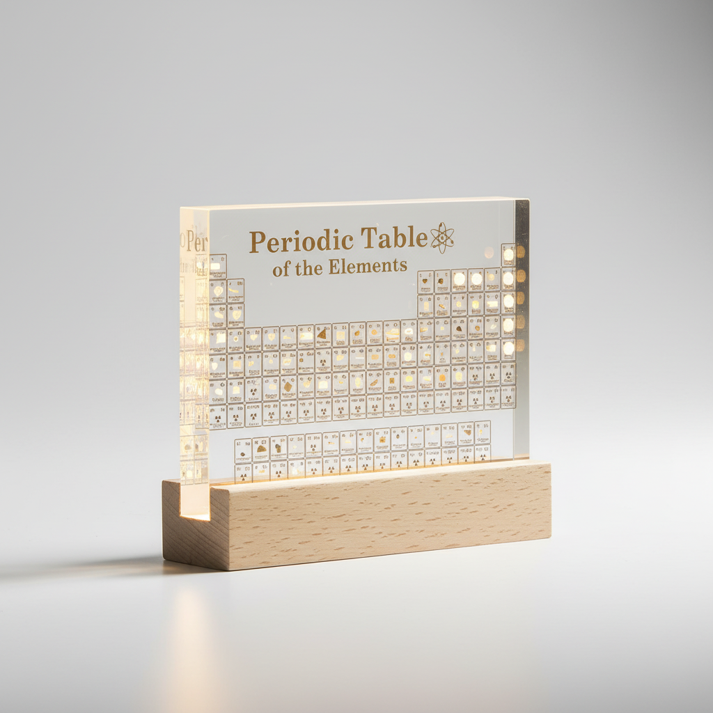 Designerska lampa stołowa z Tablicą Mendelejewa i wbudowanymi pierwiastkami. Akryl, drewno, LED. Prezent dla chemika.