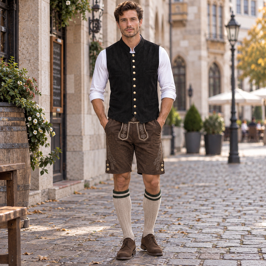 Tradycyjna męska kamizelka ludowa z haftem, elegancka, na Oktoberfest i inne uroczystości.