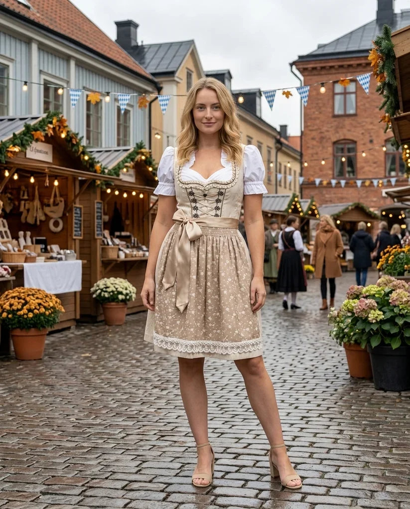 Modna beżowa sukienka Dirndl z koronkową bluzką i dopasowanym fartuszkiem. Strój bawarski, idealny na festyn.
