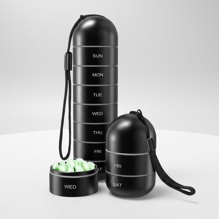 PillTower: Kompaktowy, aluminiowy pojemnik na leki, idealny na tabletki w podróży.