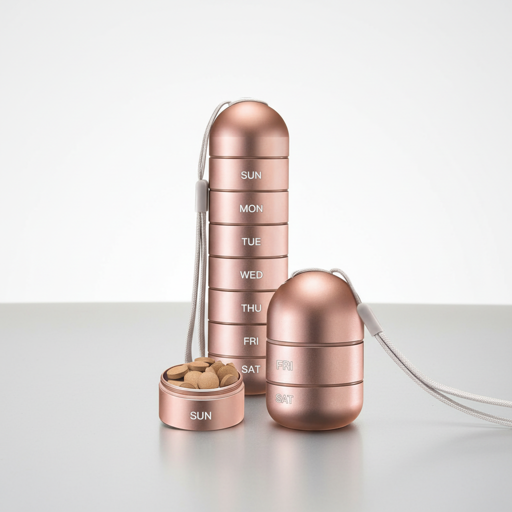 Bezpieczny, aluminiowy pojemnik na tabletki, przenośny organizer na leki PillTower.
