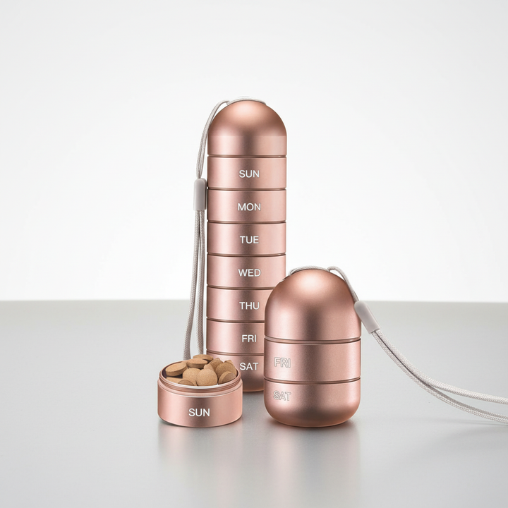 Bezpieczny, aluminiowy pojemnik na tabletki, przenośny organizer na leki PillTower.
