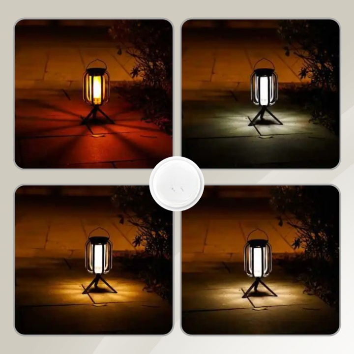 Latarnia LED CampGlow oświetlająca stolik na tarasie. Przenośne, nastrojowe światło do ogrodu i na wieczorne spotkania.