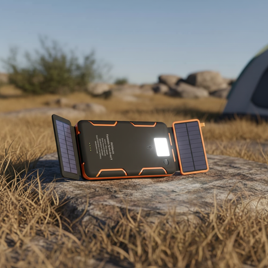 Przenośny powerbank solarny SunChargeo z latarką LED, idealny do ładowania urządzeń USB w podróży i outdoorze.