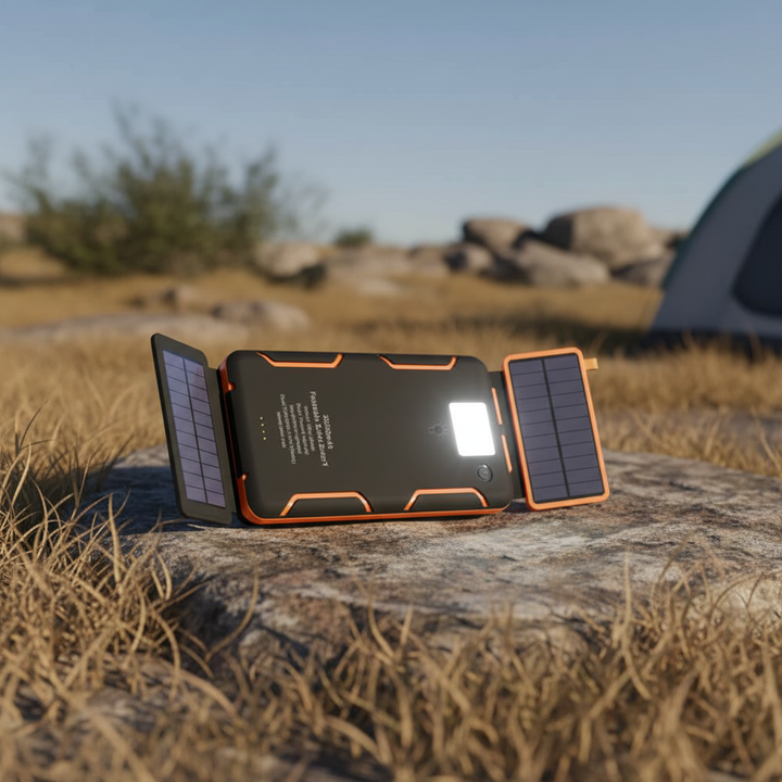 Przenośny powerbank solarny SunChargeo z latarką LED, idealny do ładowania urządzeń USB w podróży i outdoorze.