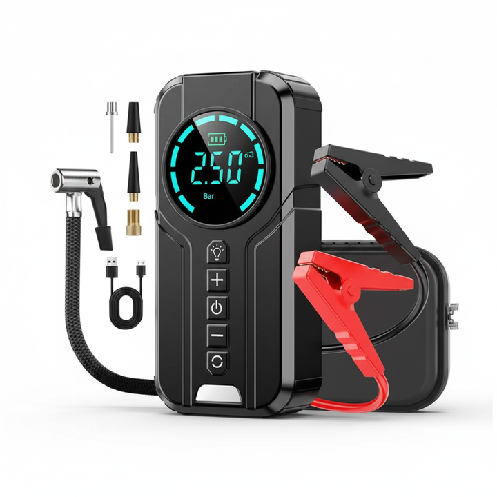 PowerAir 4w1: przenośny powerbank, kompresor do opon i awaryjny rozruch samochodu, idealny w podróży.