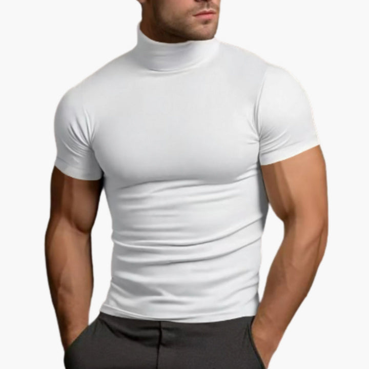Elegancki męski t-shirt z golfem o dopasowanym kroju. Nowoczesny styl na każdą porę roku, idealny na co dzień.