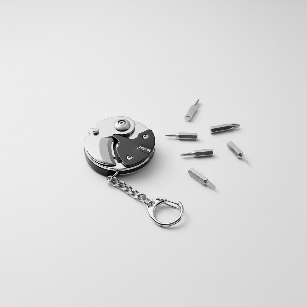 Stalowy brelok multitool z mini nożem, śrubokrętem i otwieraczem. Niezbędne narzędzie EDC.