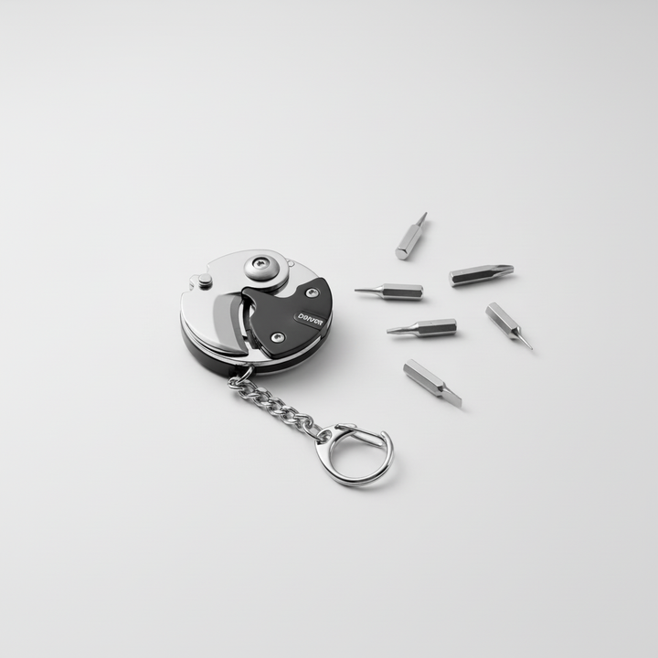 Stalowy brelok multitool z mini nożem, śrubokrętem i otwieraczem. Niezbędne narzędzie EDC.