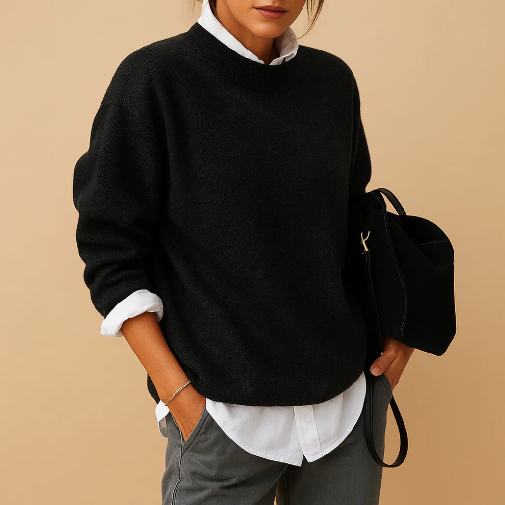 Elegancki damski sweter z wełny, długi rękaw. Modny basic, uniwersalny do pracy i na co dzień.