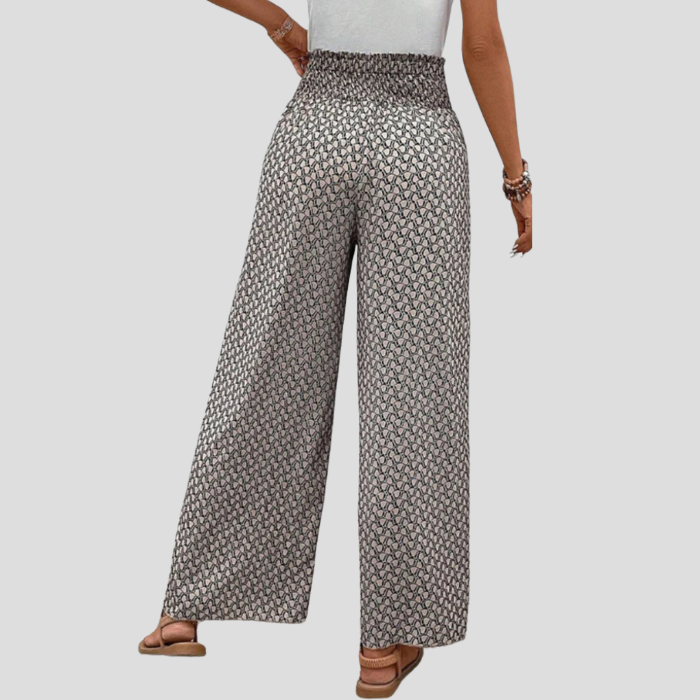 Wygodne damskie spodnie z szerokimi nogawkami, geometryczny wzór, moda casual i elegancka.
