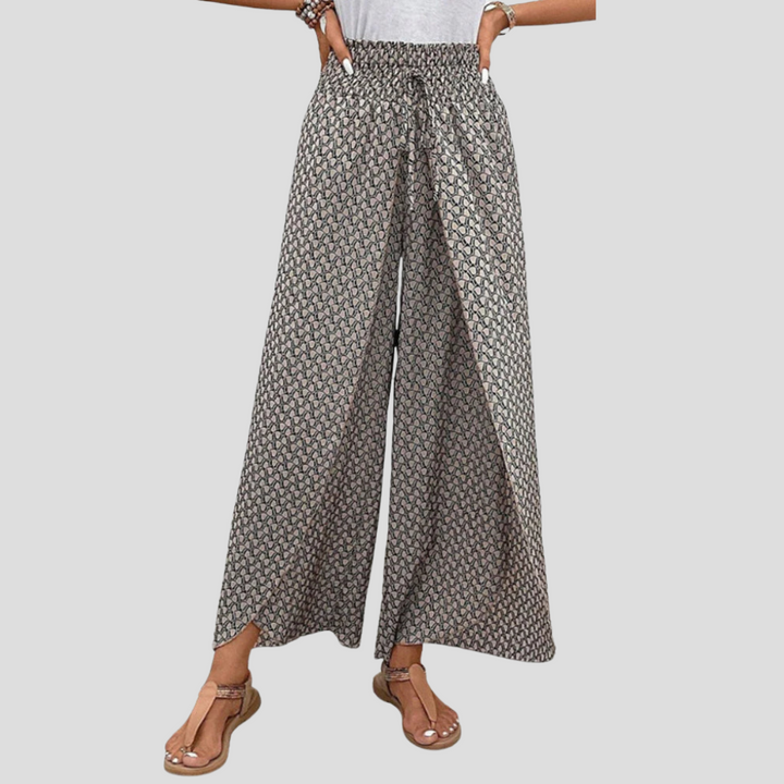 Damskie spodnie z szerokimi nogawkami w geometryczny wzór, wysoki stan, idealne do eleganckich stylizacji.