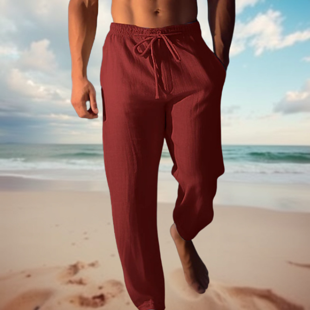 Stylowe męskie spodnie letnie casual, slimfit, idealne na wakacje. Komfortowe i modne na co dzień.