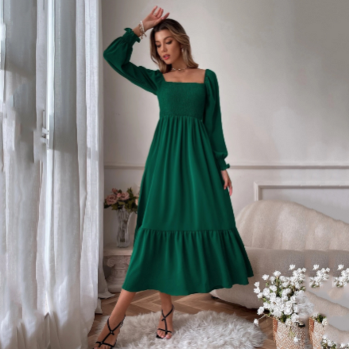 Elegancka damska sukienka przejściowa z dekoltem Florentine, długi rękaw. Idealna do biura i na wieczór.