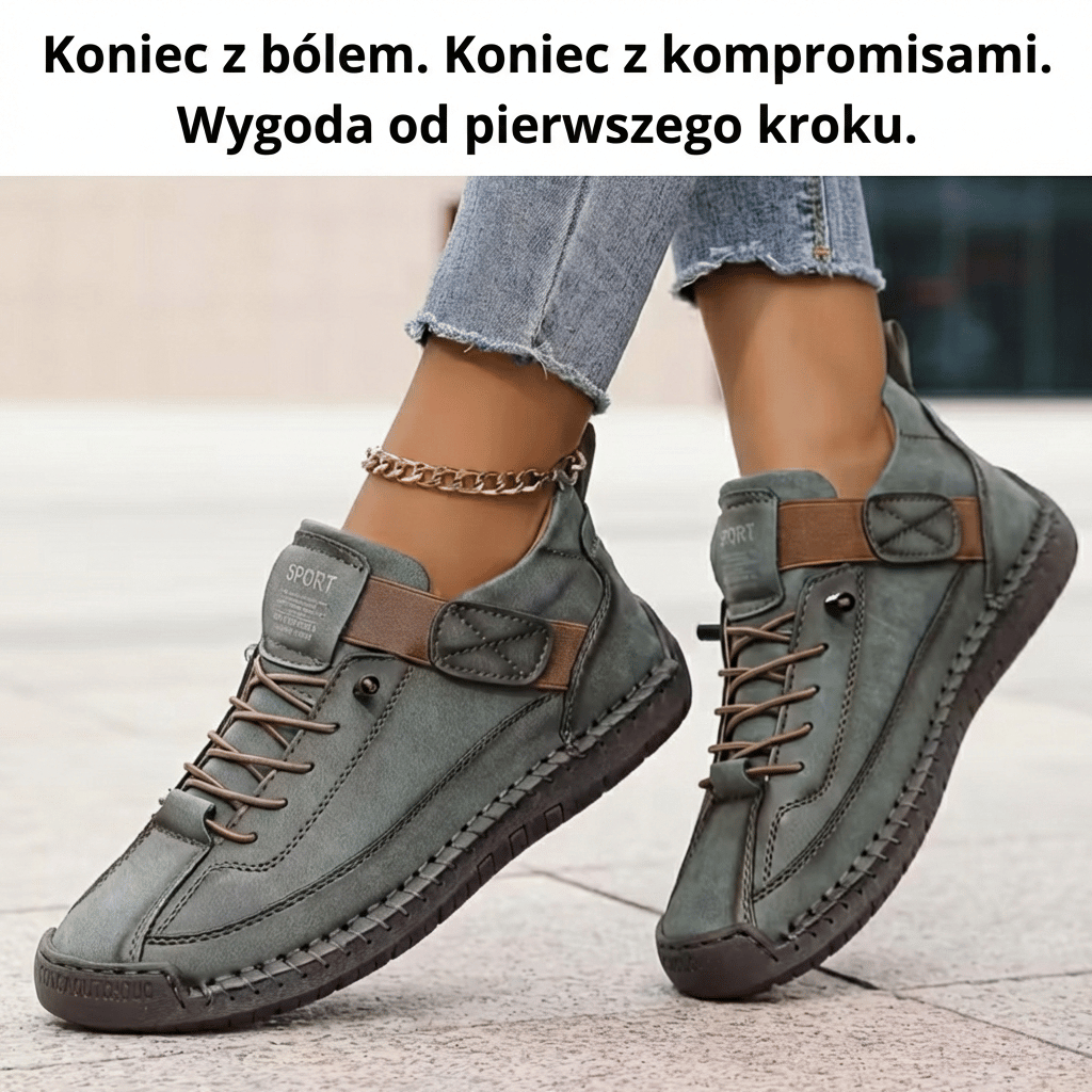 Czarne ortopedyczne buty damskie, zapewniające komfort i zdrowie stóp, z elastyczną podeszwą.