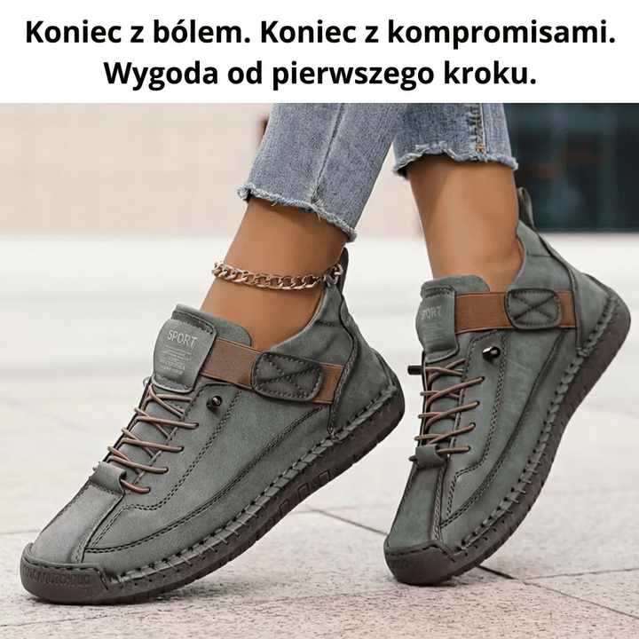 Czarne ortopedyczne buty damskie, zapewniające komfort i zdrowie stóp, z elastyczną podeszwą.