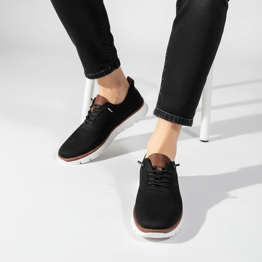 Stylowe męskie buty casual Adrian, lekkie i komfortowe, z wegańskiej skóry, w modnym brązowym odcieniu.