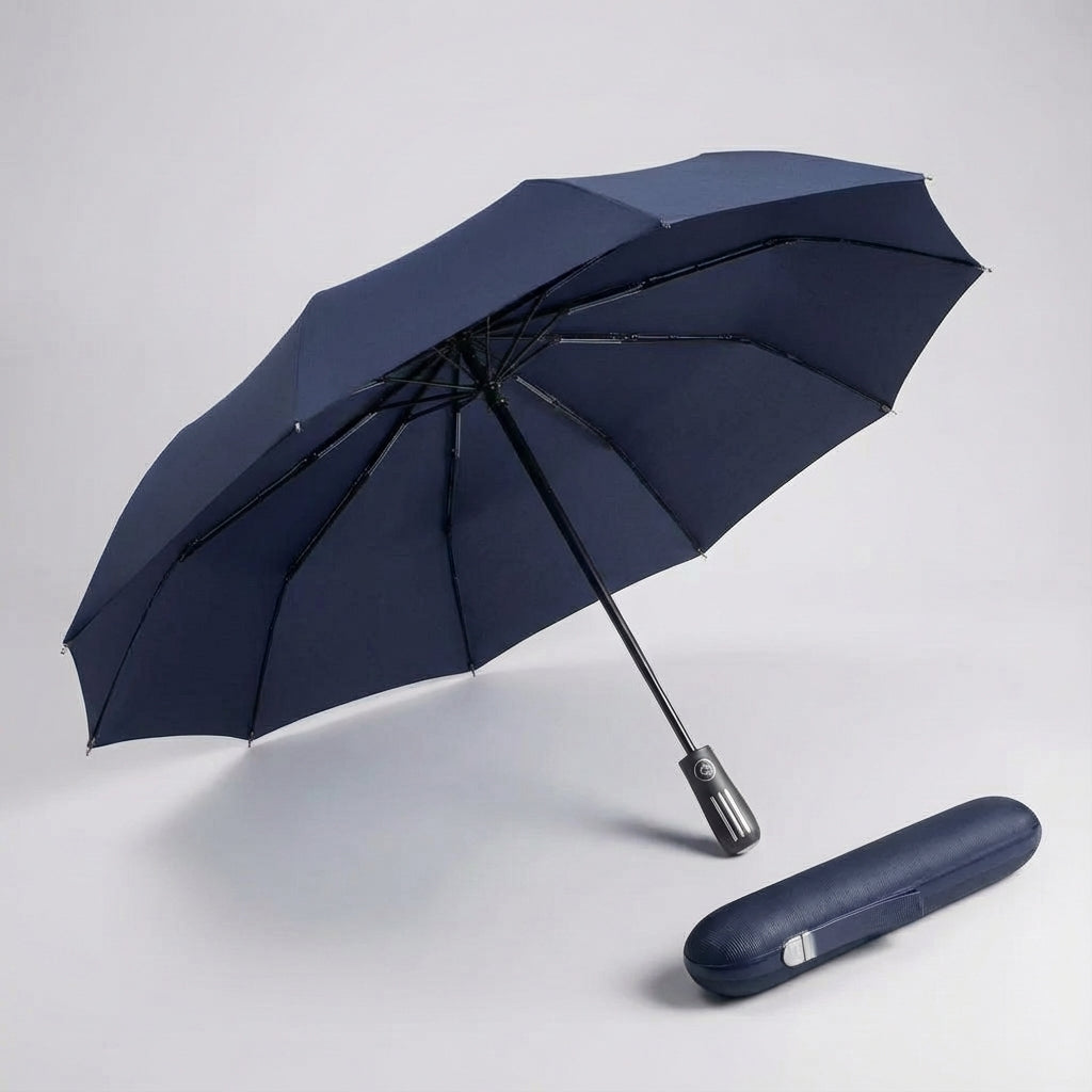 Złożony odwracalny parasol DryFlip, utrzymujący wodę w środku, gwarantuje suche wnętrze samochodu i domu.