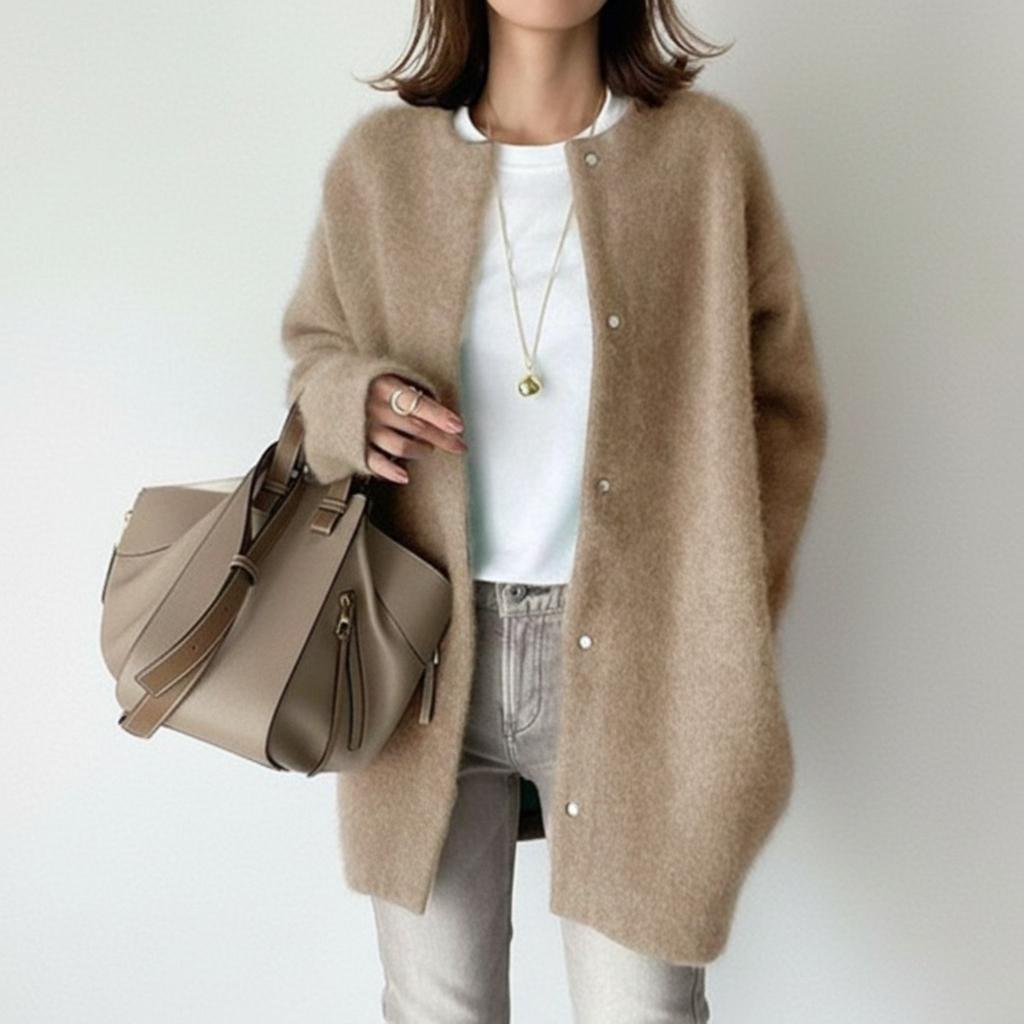 Kobieta w modnym kardiganie oversize, prezentująca jesienną stylizację casual, wygodny i stylowy.